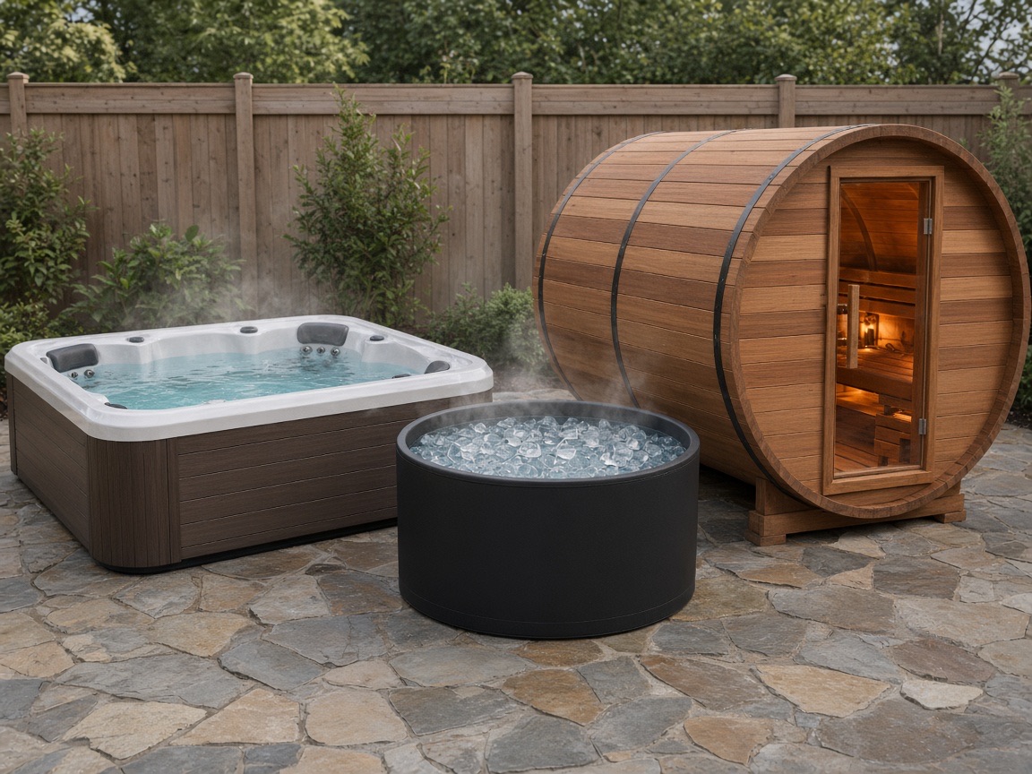 Hot tub, ice bath, and cedar barrel sauna lined up on a patio