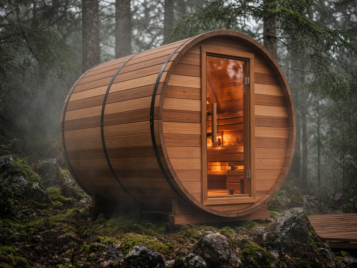 Outdoor cedar barrel sauna