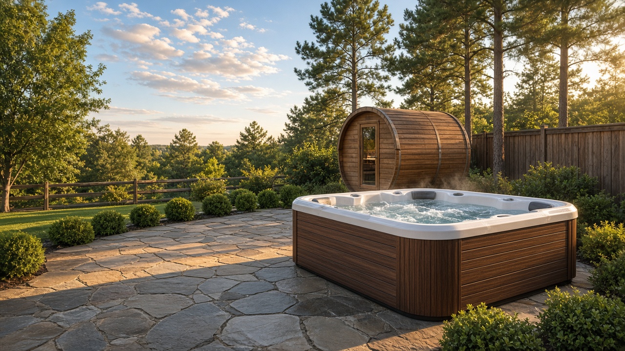 Hudson Bay-style spa on a sunlit backyard patio beside a cedar barrel sauna